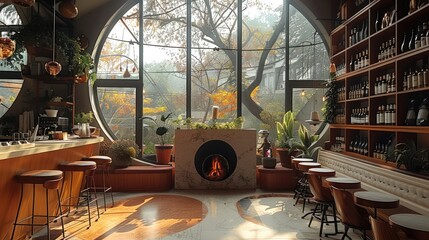 Indoor coffee shop with bar and fireplace with view to glass circular windows, bar, fireplace, design arch, bookshelf, plants and green plants hanging from ceiling. Generative AI.
