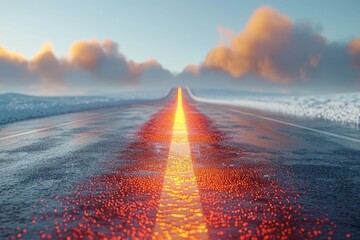 Road with lines, 3D rendering with realistic abstract road on white background. Flying highway with isolated car background. - obrazy, fototapety, plakaty