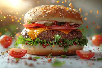 Isolated on white background is a floating hamburger with delicious toppings, tomato, lettuce, cheese, grilled meat. This 3D illustration is intended for advertising use. - obrazy, fototapety, plakaty