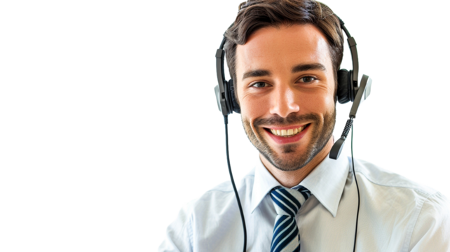 Portrait of call center young smiling male call center operator doing his job with a headset isolated on transparent background.

