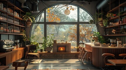 Indoor coffee shop with bar and fireplace with view to glass circular windows, bar, fireplace, design arch, bookshelf, plants and green plants hanging from ceiling. Generative AI.