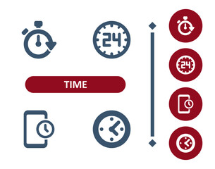 Time icons. Deadline, schedule, clock, appointment, timer, stopwatch, around the clock, 24 hours, smartphone, wall clock icon