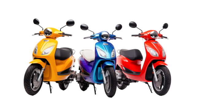 Group of yellow, blue, red urban scooters isolated on transparent background.

