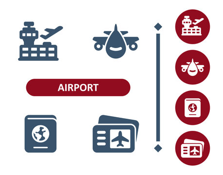 Airport Icons. Travel, Tourism, Control Tower, Plane, Airplane, Passport, Plane Tickets Icon