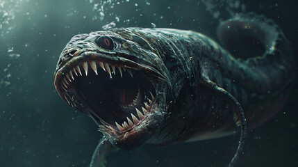 Sea monster open its mouth with teeth fantasy underwater