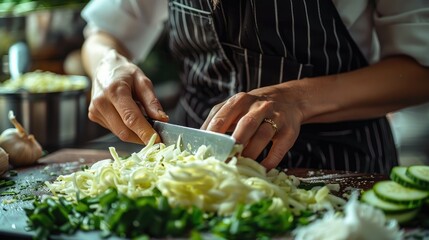 A close up shot of a young woman dressed in white shirt and black apron, chopping green cabbage...