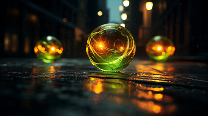 Glowing green glass spheres lie on a wet street - obrazy, fototapety, plakaty