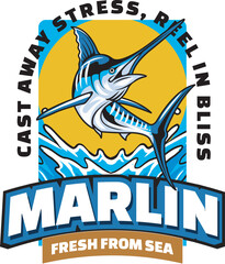 Vector Illustration of Marlin Fish and Water Splash with Vintage Illustration Available for Logo Badge