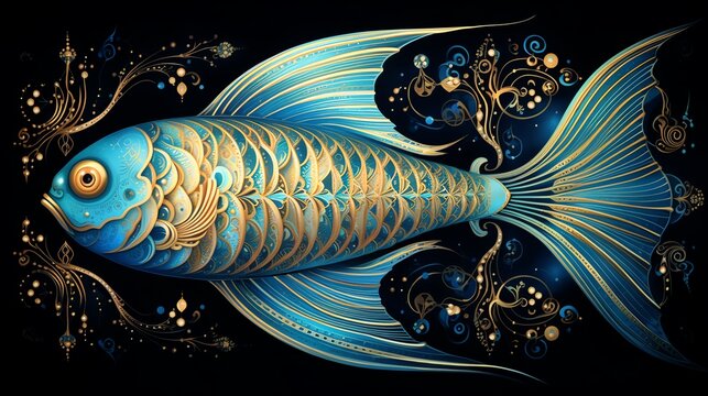 A blue and gold fish with intricate patterns on its body and fins. The fish is swimming in a dark blue background with gold bubbles and flourishes.
