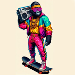 A stylish female gorilla, with colored glasses and a radio