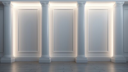 A white room with three evenly spaced pairs of columns and recessed wall panels.