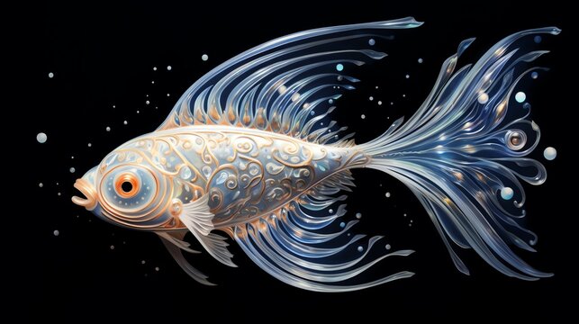 An illustration of a beautiful fish with white and blue scales and a long flowing tail.