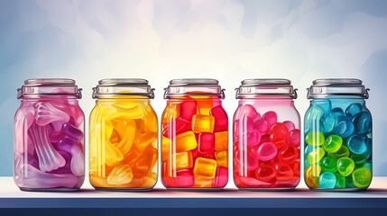 Five jars of colorful hard candies. - obrazy, fototapety, plakaty