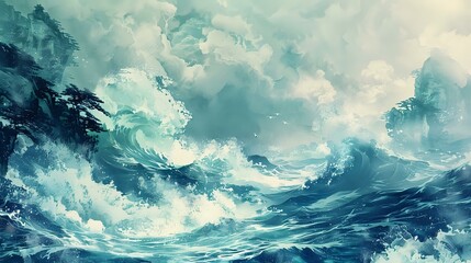 Enchanting Chinese Art: Azure Sea with Dynamic Waves - obrazy, fototapety, plakaty