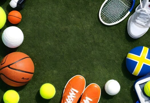A variety of sports equipment including a tennis racket, tennis balls, a basketball, and sneakers on a grassy background