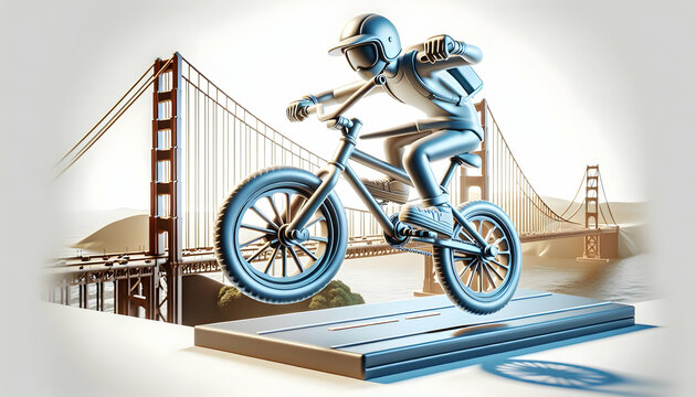 Active Californian Spirit: 3D Icon of Sporty Bike Spinning on San Francisco's Golden Gate Bridge - Retro Culture Photo Concept