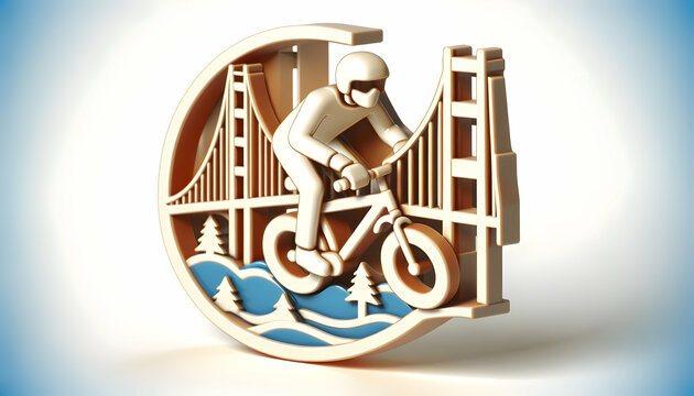 Dynamic 3D Icon: San Francisco Spin - Sporty Bike on Golden Gate Bridge Capturing Retro Californian Spirit for Photo Stock