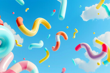 Vibrant 3D Shapes Floating Playfully in Clear Blue Sky with Cloud