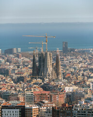 Naklejka premium Aerial panoramic view of Barcelona city skyline and Sagrada familia in Spain.