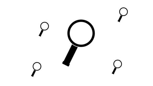 Zoom in and out animation the magnifier symbol. Large black symbol in the center and four small symbols around. Seamless looped 4k animation on white background