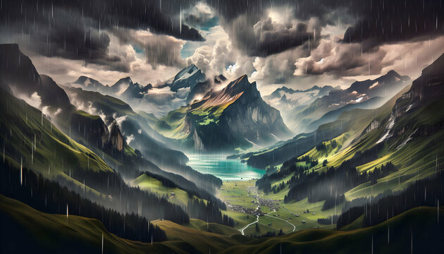 Alpine Rain Art: Switzerland Alps Painted with Rain, Showcasing the Artistry of Nature in the Rain Season - Stock Photo Concept