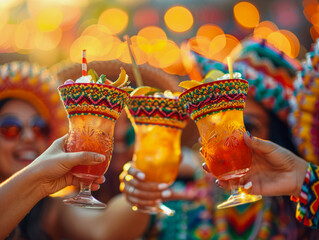 Hands holding traditional Mexican margaritas in glasses with salted rims celebrating Cinco de Mayo mexican holiday.