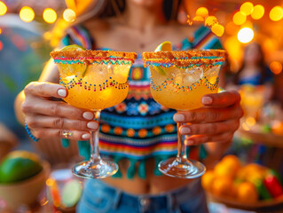 Hands holding traditional Mexican margaritas in painted glasses with salted rims celebrating Cinco de Mayo mexican holiday.