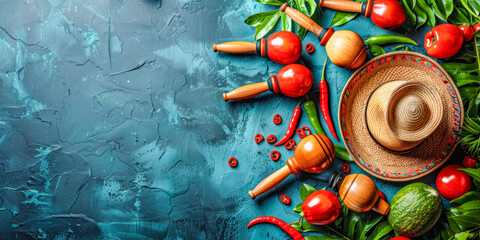 A traditional Mexican sombrero and maracas on a textured blue background , ready for a Cinco de Mayo holiday festive celebration. Concept: holiday, music, tradition, Copy space.
