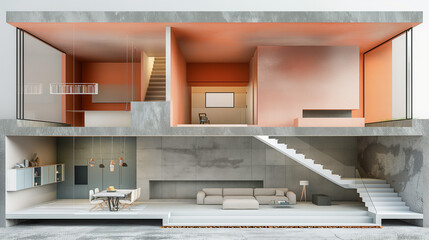 House concept. Sliced house with interior. 3d illustration