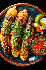 Grilled corn cobs seasoned with herbs and spices, accompanied by lime wedges and fresh salsa in a rustic ceramic bowl. Perfect for food articles and blog.