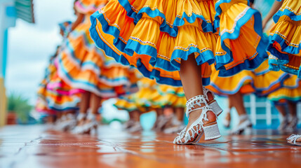 Folk dancers colorful traditional dresses and white laced shoes dance on Cinco de Mayo holiday....