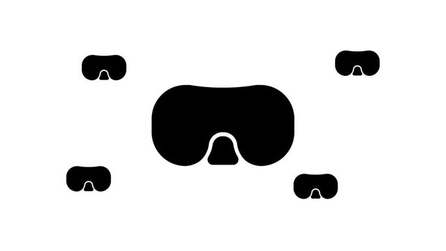 Zoom in and out animation the diving goggles symbol. Large black symbol in the center and four small symbols around. Seamless looped 4k animation on white background