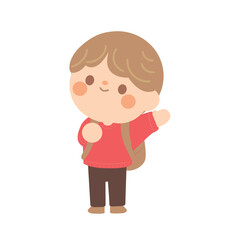 cute students going to school with backpacks. kids going to elementary or middle school. brown hair boy wear red costume wave hand and go to Kindergarten School children.vector illustration handdraw. 
