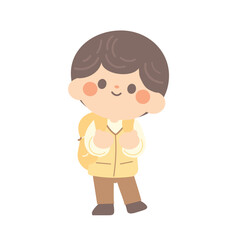 cute students going to school with backpacks. kids going to elementary or middle school. brown hair boy wear yellow costume go to Kindergarten School children. vector illustration handdraw. 