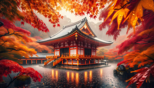 Autumn Showers in Kyoto: Temples Adorned with Autumn Leaves and Reflective Rain in Japan's Cultural Beauty - Close-up on Rain Season Photo Stock Concept