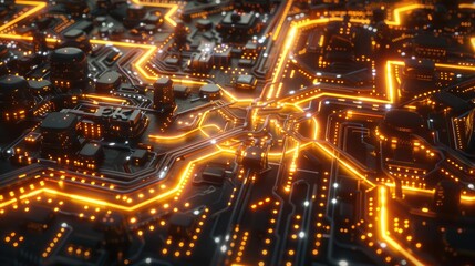 High-tech 3D circuit board layout with glowing pathways and nodes