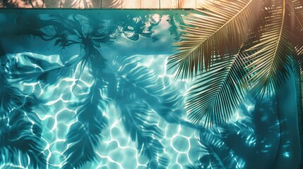 A swimming pool from above, close-up on water, with the shadow of a palm tree. Generative AI.