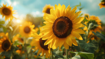 A sunflower in a field with sunlight.
