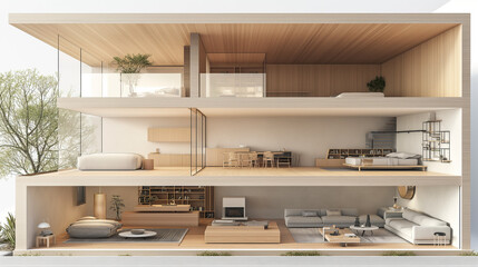 House concept. Sliced house with interior. 3d illustration