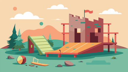 Fototapeta premium The abandoned remains of a demolished building are repurposed into a recreational park featuring a skateboard ramp ping pong tables and a