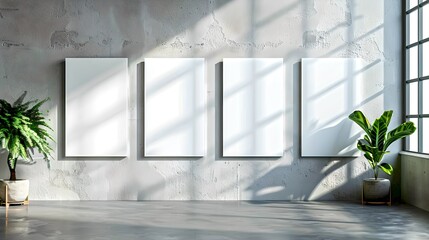 Modern minimalistic art gallery interior with blank frames. Sunlight casting shadows on white wall. Perfect for display in photo stocks. Simple and clean design aesthetic. AI