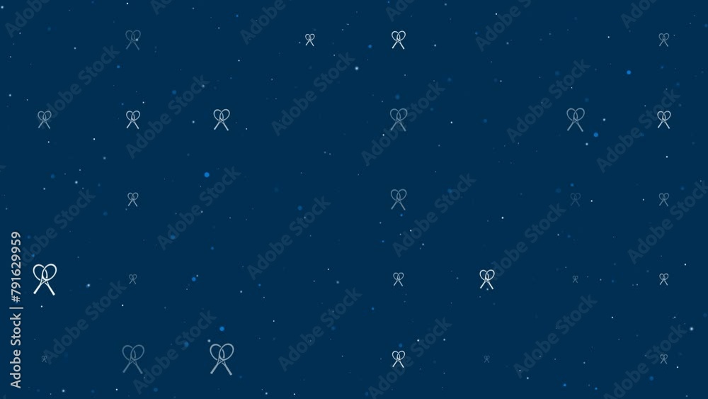 Poster template animation of evenly spaced crossed tennis rackets symbols of different sizes and opacity. a
