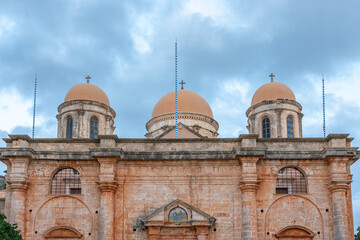 View of Greek Orthodox monastery Agia Triada in the Akrotiri peninsula in the Chania, Crete. Greece.