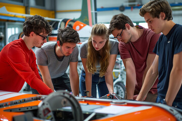 Aviation students huddle over aircraft designs - their curiosity and enthusiasm fueling the next wave of aerospace innovation