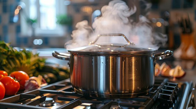Steaming pot on stove with vegetables