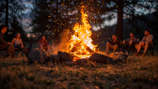 Group of people around a campfire at dusk