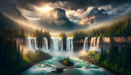 Stunning Canadian Waterfalls: A Beautiful Cascade Captured in the Rainy Season - Stock Photo Concept for Nature Enthusiasts
