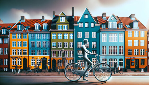 Copenhagen Commute: Exploring Danish Retro Culture with a Chic Minimalist Bike among Colorful City Architecture in Copenhagen. Retro Design Photography Available on Adobe Stock