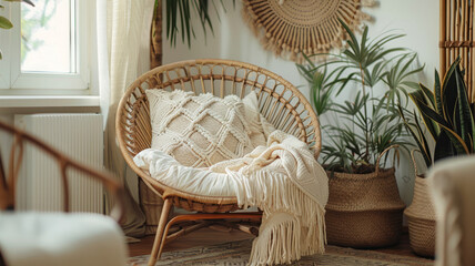 A cozy interior with a rattan chair and plants - obrazy, fototapety, plakaty