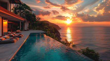 sunset over the pool - Powered by Adobe